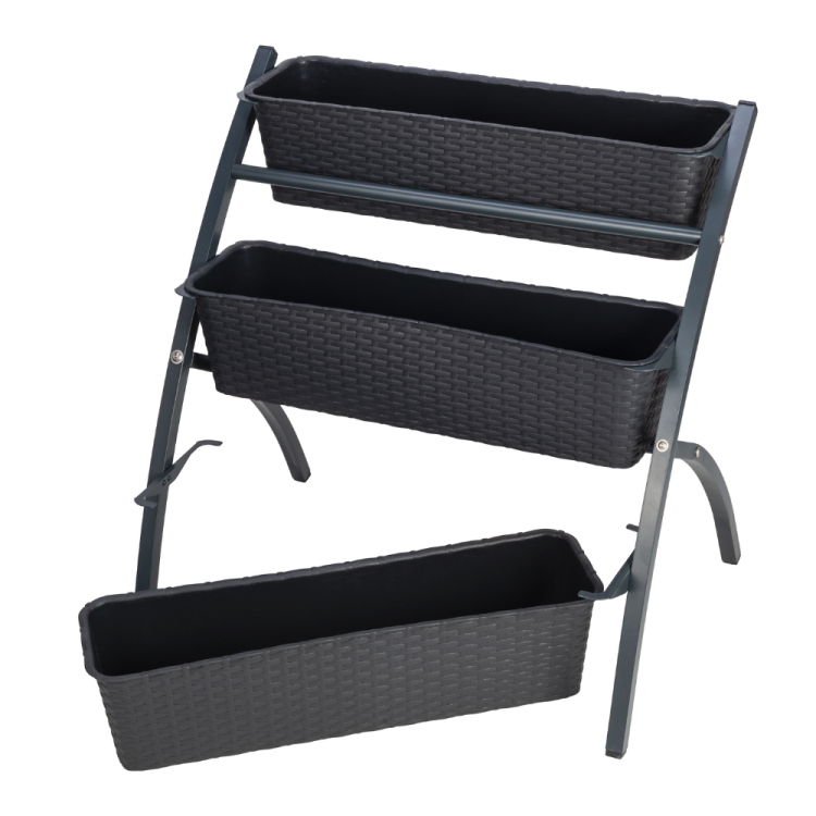 Komplet 3 sztuki doniczek balkonowych Rattanowych + stojak 60cm antracyt